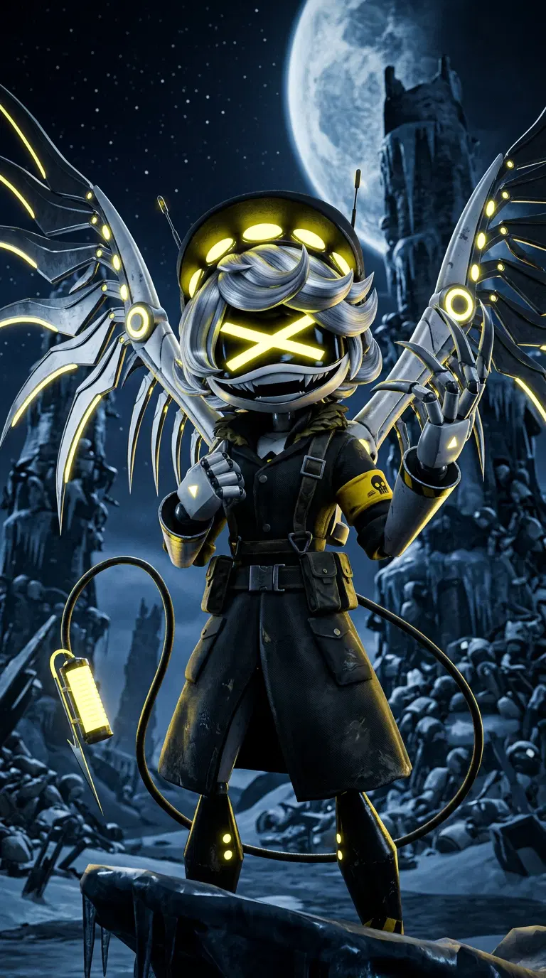 Original character in the Murder Drones animated series style: a disassembly drone with a glowing yellow X visor, black coat, headband lights, sharp wings and a tail, menacing smile, 3D animated look, frozen corpse-spire landscape at night. Portrait framing from the waist up, face in the upper third of the frame, one character only. No text, no logo, no watermark.