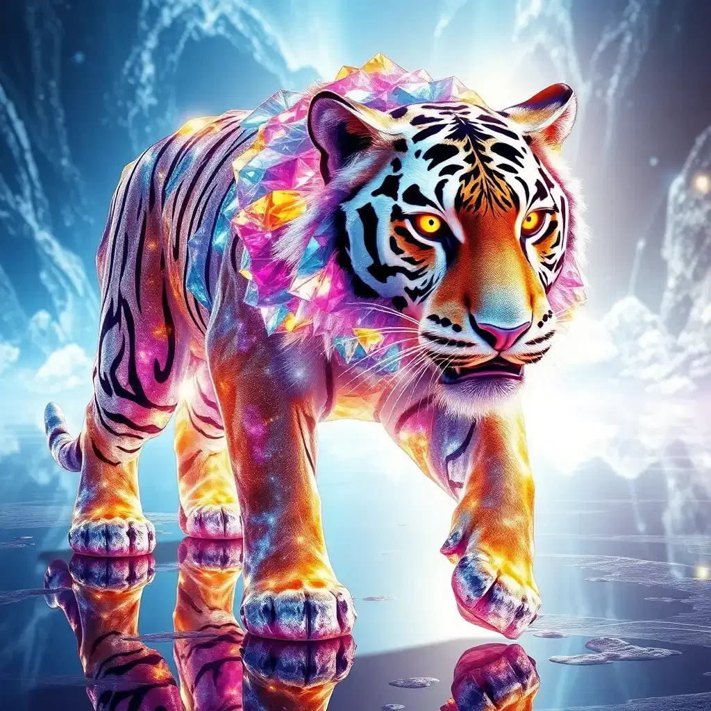 Journey to the prismatic lands where a legendary crystal tiger strides through reflective terrain. Its skin, a living cascade of glittering facets, encapsulates entire worlds within each crystalline frame. The tiger's eyes, fierce and knowing, burn like twin suns. With every step, it reshapes reality around it, bending the light of existence to its own majestic design.