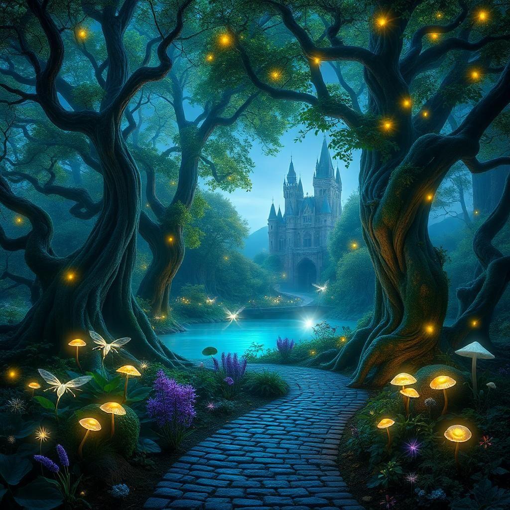 A breathtaking enchanted forest bathed in the soft glow of bioluminescent plants and floating will-o'-the-wisps. Towering ancient trees with twisted, gnarled roots reach toward the sky, their leaves shimmering in shades of blue, purple, and emerald green. A winding cobblestone path leads deeper into the forest, where hidden among the thick foliage lies a crystal-clear pond that reflects the ethereal light. Glowing mushrooms sprout from tree trunks, and delicate fairies with iridescent wings dart between the flowers. The air is thick with golden dust motes that swirl like magic, and in the distance, the outline of a grand, vine-covered castle looms, half-forgotten by time.