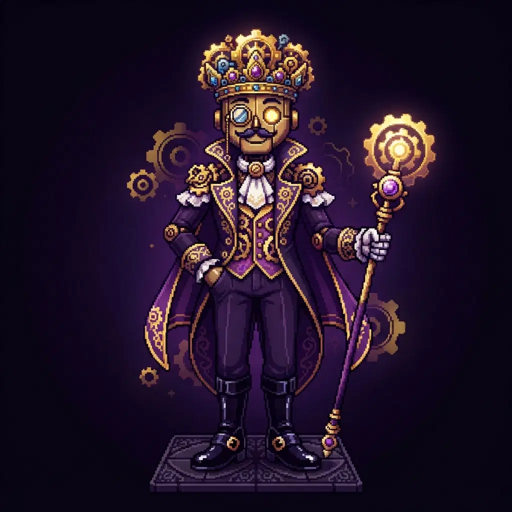 Deltarune dark world style OC, elegant clockwork duke with gear crown, Toby Fox game art style, dark purple and gold palette, clean background