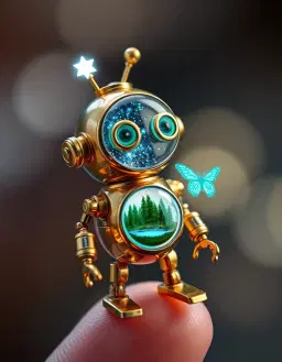 A tiny eccentric retro-futuristic robot standing on a human fingertip, built from polished brass, translucent crystal and miniature glowing mechanical parts. Its round glass head contains a tiny floating galaxy instead of a brain, with miniature stars slowly orbiting inside. Two oversized expressive luminous turquoise eyes, tiny articulated arms, mismatched mechanical legs, one elegant antenna ending in a glowing star-shaped light. The robot suddenly notices the viewer, tilts its head curiously, blinks twice, then opens a tiny hatch in its chest. Inside is an impossibly beautiful miniature living world — a glowing green forest surrounding a microscopic blue lake. A tiny luminous butterfly flies out of the robot's chest, circles around its head, and lands gently on its antenna. The robot looks surprised, then gives a delighted little smile and carefully waves. Ultra-detailed macro photography, adorable but sophisticated character design, realistic metal reflections, transparent glass materials, intricate micro-mechanics, cinematic depth of field, warm workshop bokeh, soft volumetric light, whimsical sci-fi atmosphere, highly polished 3D realism, visually clear silhouette, centered composition, no text, no logos, no extra robots, no distorted limbs.