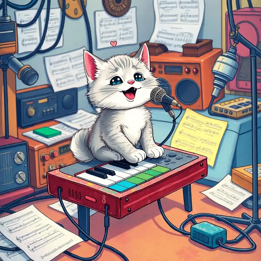 "A vibrant, whimsical illustration of a tiny, fluffy kitten perched on a worn, colorful keyboard in a cluttered home recording studio, surrounded by cables, vintage microphones, and scattered music sheets. The kitten's whiskers twitch as it excitedly sings into a miniature microphone, its tiny head swaying to an unheard rhythm. 

The kitten's voice is a joyous meow, the music is upbeat, and the atmosphere is lively. The art style is reminiscent of 1920s-30s cartoons, with clean lines, bright colors, and expressive characters. The kitten's fur is a soft gray with white paws, and its eyes shine like bright, shining emeralds as it performs."

In another version, we can imagine the following art style variations:
- Hand-drawn style reminiscent of the works of Quentin Blake.
- Soft pastel colors with delicate lines.
- Bright, bold lines inspired by graffiti art.
- A retro, pixel art aesthetic.
- Watercolor painting with loose brushstrokes.