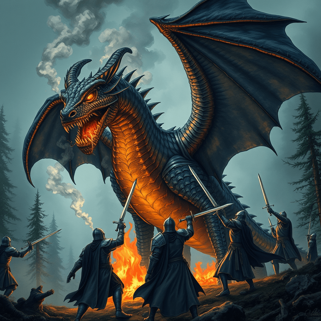 A hyper-detailed medieval tapestry-style illustration depicting knights battling a fire-breathing dragon in a dense, foggy forest. The dragon has massive, bat-like wings, obsidian-black scales with molten cracks glowing beneath, and a pair of piercing golden eyes. Smoke and embers rise from its nostrils as it roars. The knights’ armor gleams in the flickering firelight, their swords raised as they brace for the beast’s attack. The composition is dynamic, showing the immense size and ferocity of the dragon while capturing the desperate bravery of the warriors.