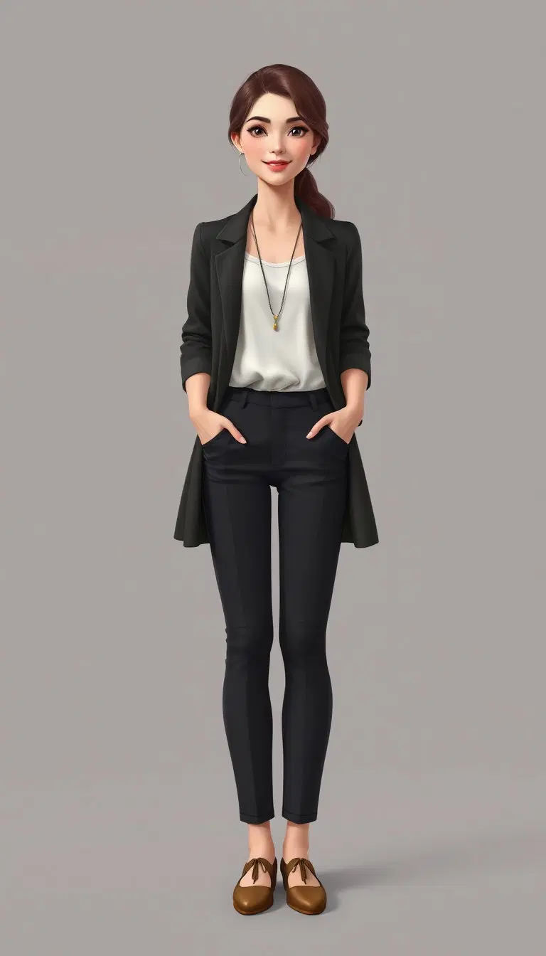 "Full body portrait of an original realistic young woman character named Irman, standing naturally, visible from head to toe, wearing a simple elegant casual outfit, natural hairstyle, friendly smile, realistic human appearance, soft expressions, not a cartoon, not a doll. Full body, complete character design, vertical 9:16