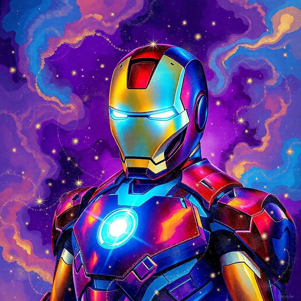 here's a modified image diffusion model prompt:

"iron man in a kaleidoscope of colors, surrounded by swirling, iridescent clouds and twinkling stardust. his suit glows with an intense, electric blue light that radiates like a supernova, as if infused with microscopic diamonds. the background is a deep, rich purple, speckled with glittering silver and gold flakes that dance like fireflies on a summer night. iron man's eyes sparkle with a hint of mischief, as if he's about to unleash a thousand fireworks. the entire scene is set against a backdrop of shimmering, cosmic dust, with threads of rose gold and aquamarine weaving through the fabric of space itself. the style is a frenetic mix of cubism and abstract expressionism, with bold brushstrokes and vibrant colors that leap off the canvas like a celebration of pure, unadulterated joy."