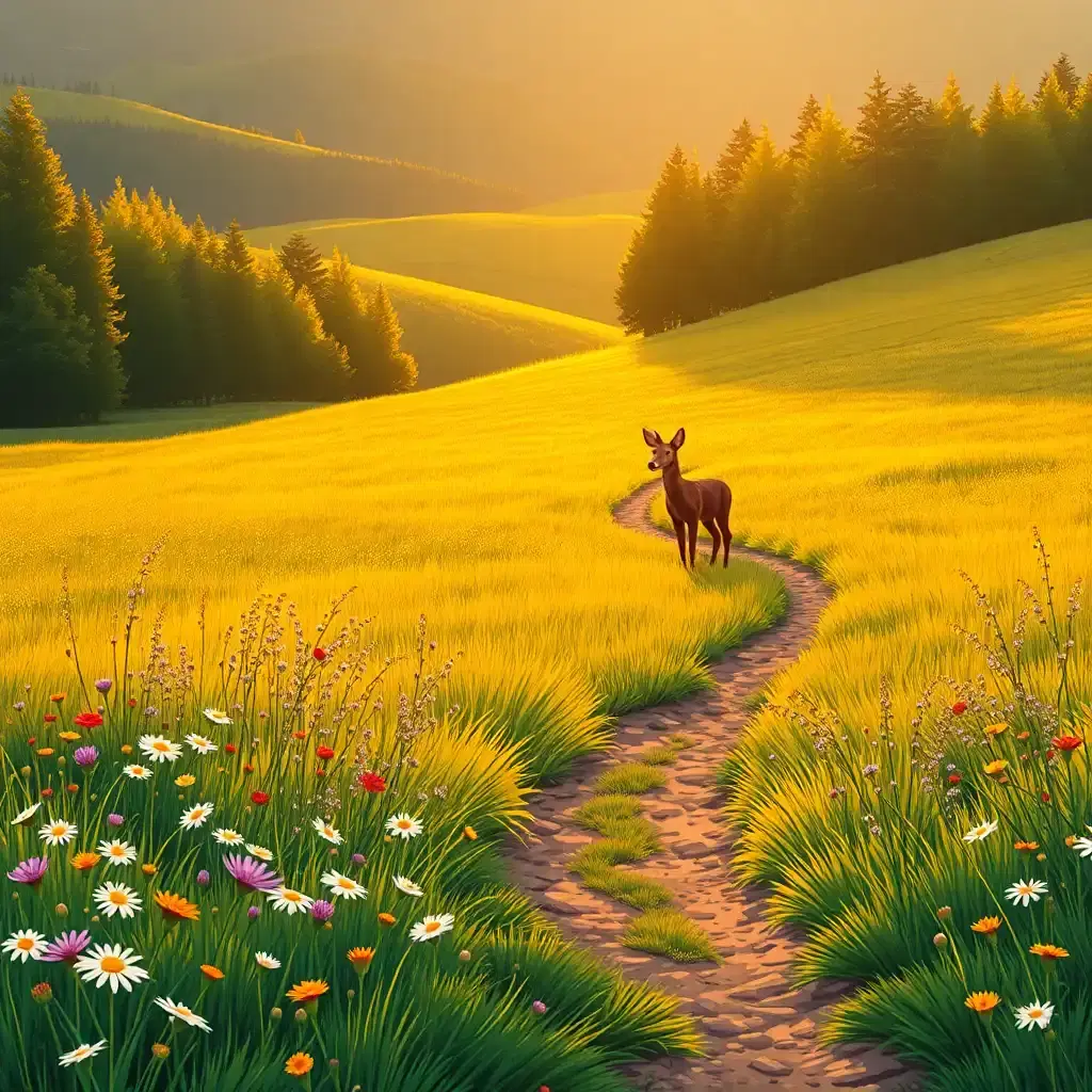 A tranquil meadow bathed in the golden glow of late afternoon light. Wildflowers of every color sway in the gentle breeze, and a narrow dirt path winds through the rolling hills. A lone deer stands at the edge of the trees, its ears twitching as it watches the horizon. The scene is peaceful, a perfect moment frozen in time, capturing the raw beauty of nature’s untouched splendor, in a comic strip for kids style