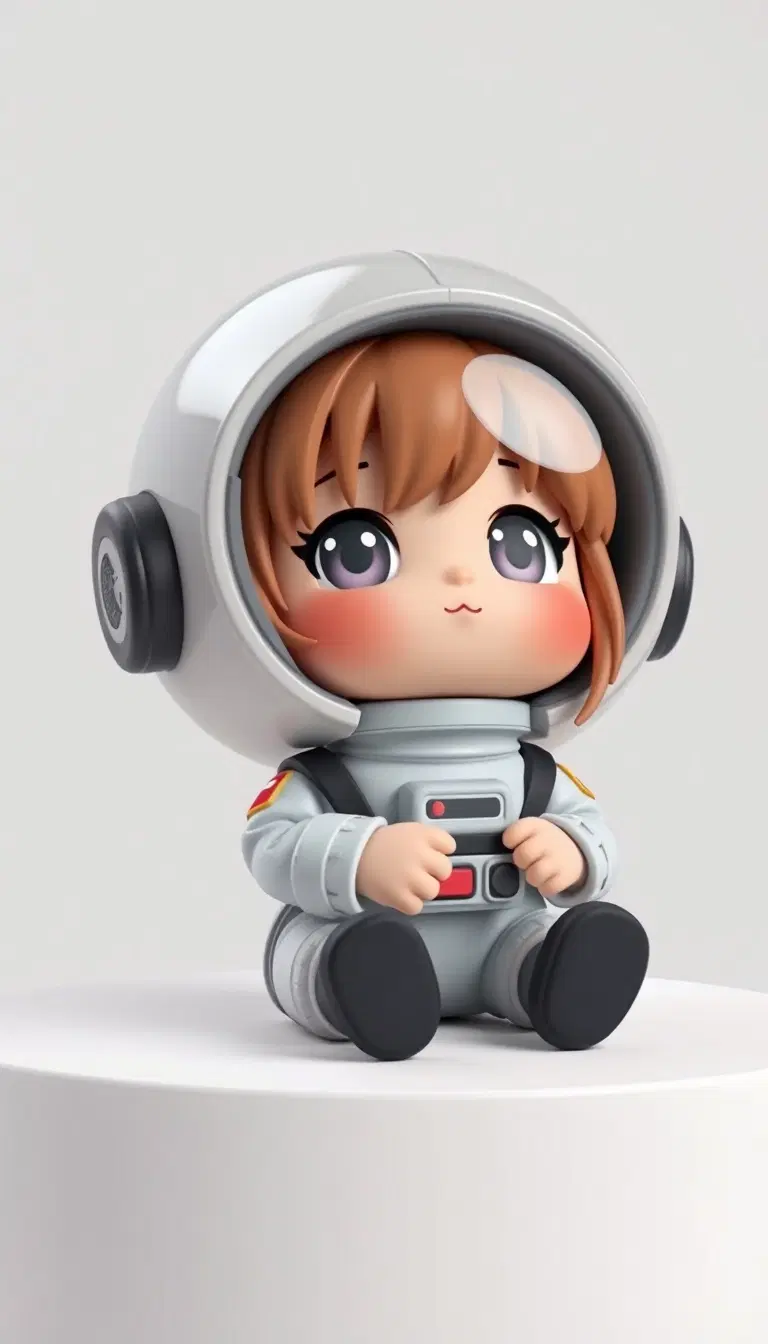 Toy with a little doll with a helmet, cute 3d render, cute detailed digital art, female explorer mini cute girl, cute digital painting, stylized 3d render, cute digital art, cute render 3d anime girl , the little astronaut looks up, cute! c4d, portrait anime space cadet girl, sitting on a white pedestal