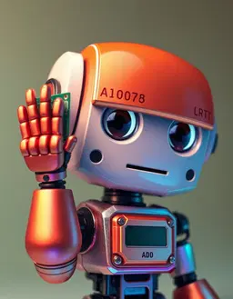 a whimsical small robot with a large exposed‑circuit head, rust‑orange and off‑white metal, oversized white eyes with orange lids, and a raised hand holding a green computer chip, rendered in an iridescent style that floods the scene with shifting teal, lavender, coral and sapphire gradients, luminous edge glows and chromatic specular highlights; soft muted sage‑green background, diffused lighting accentuating the prismatic palette, straight‑on close‑up focus on the robot’s head and chip, clean sharp details and professional digital artistry.