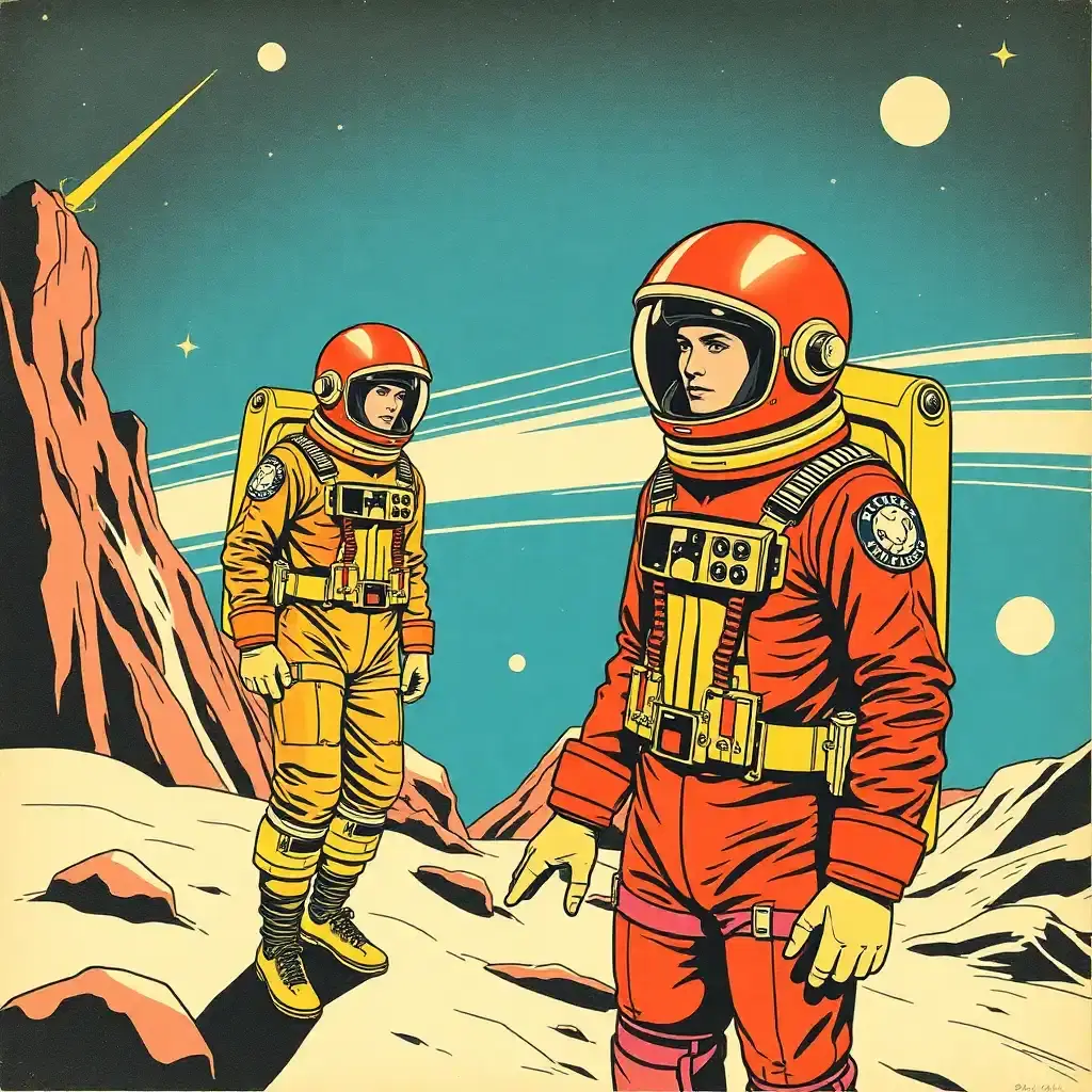 Craft a retro-futuristic collage where the vintage aesthetic meets the limitless cosmos. Picture human figures drawn in pop art style, clad in retro space suits, their actions frozen like pages in a comic book coming to life, evoking a sense of nostalgia for a future that might have been.
