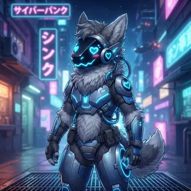 Protogen furry OC with glowing blue LED visor face showing heart eyes, fluffy grey fur, cyberpunk lights, digital art, clean background