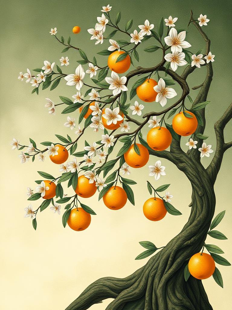 A sakura tree adorned with twelve oranges, depicted in the Art Nouveau style. The branches are gracefully curved, echoing the fluid, organic lines characteristic of this style. Delicate sakura blossoms entwine with the oranges, forming intricate, harmonious patterns. The scene is rich in texture, with the soft, earthy shades of greens and golds, complemented by touches of gentle blues. The flowing lines create a sense of natural elegance and movement, inviting the viewer into a dreamlike, fantastical world.
