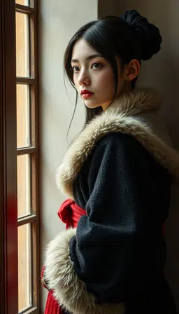 **Identity / Type:** Female anthropomorphic figure, youthful subject, three-quarter view, interior portrait **Pose & Gesture:** Static frontal orientation, head turned sharply to the left, gaze directed outward, shoulders hunched, body angled away from viewer, contrapposto weight distribution **Distinctive Features:** Large, luminous eyes, high cheekbones, dark hair, pale complexion, visible ear, subtle facial expression, soft focus on facial features **Clothing or Equipment:** Heavy, textured fur-lined coat, voluminous fabric folds, dark outer garment, white fur collar, red sash or belt, layered textile construction **Scale & Proportion:** Naturalistic proportions, foreshortened torso, elongated neck, stylized facial features, oversized garment relative to figure **Orientation:** Three-quarter view, body angled away from viewer, face turned toward viewer, vertical alignment, slight Dutch angle implied by window frame **Spatial Relationship to Frame:** Figure positioned in right foreground, window occupies left background, wall plane behind subject, partial occlusion by architectural elements, intimate interior space