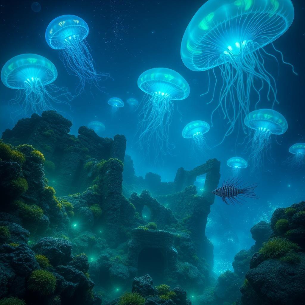 A mystical deep-sea realm untouched by humanity, where colossal bioluminescent creatures drift through the eternal darkness. Massive jellyfish pulse with neon colors, their tendrils stretching for miles. Ancient, submerged ruins hint at a lost civilization, their structures encrusted with coral and glowing moss. Strange, anglerfish-like predators cast eerie blue-green lights as they stalk their prey. The water is thick with tiny, glowing particles, creating an atmosphere of otherworldly wonder. The deeper one goes, the more surreal the world becomes, with creatures and landscapes that defy the imagination.