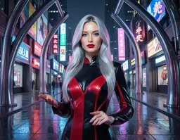lola reve in an art deco cyberpunk metropolis, sleek neo‑classical gown with red‑black accents, long silver hair catching neon reflections, striking red lips and black eyes, surrounded by chrome‑finished geometric arches, glowing neon kanji signs and holographic billboards; medium shot framing from waist to head with a 35–50mm lens perspective, balanced subject‑environment context, clear gesture and eye‑line alignment, neon‑lit chiaroscuro lighting highlighting her face and hair against a wet, reflective pavement backdrop.