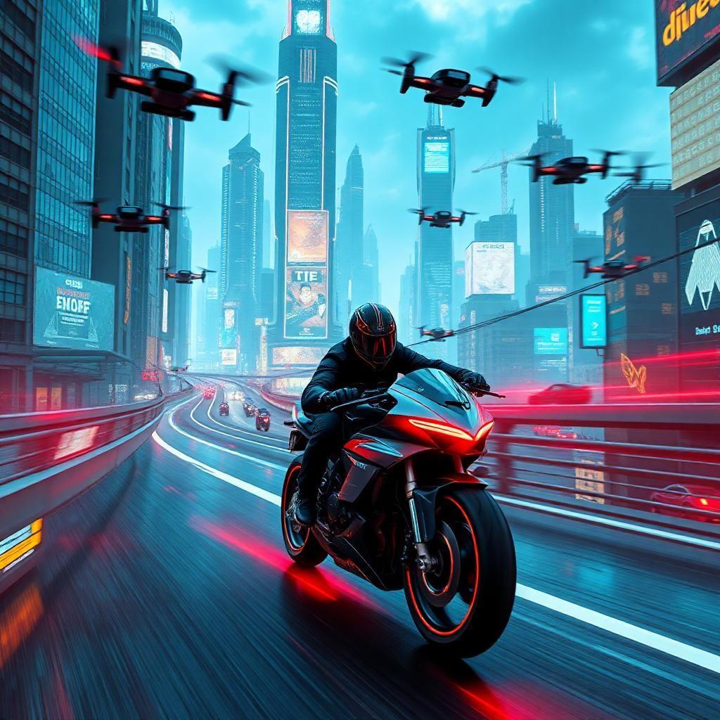 A high-speed chase through a futuristic cyberpunk world, where a hacker on a sleek, neon-trimmed motorcycle races through the glowing streets of a city dominated by AI surveillance. The roads are suspended high above the ground, with towering skyscrapers stretching into the clouds. Digital billboards shift and morph, displaying real-time data streams. A squad of drone enforcers pursues the hacker, their red laser sights scanning for movement. The hacker’s visor flashes warnings and escape routes, guiding them through an ever-changing maze of alleyways and sky bridges. The city is alive, a digital entity in its own right, watching every move.