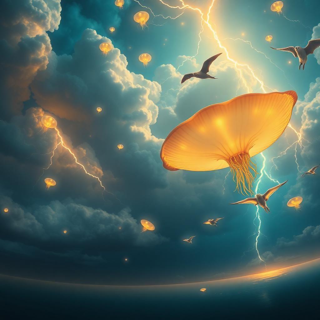A vast ocean sky where the clouds are glowing bioluminescent jellyfish, and lightning comes from giant anglerfish floating in the atmosphere. Ethereal manta-ray-like birds swim through the air, their translucent wings catching the golden sunlight. The horizon bends like liquid, reflecting the surreal aquatic heavens above. A dreamlike, surrealist fantasy landscape with hyper-detailed textures, cinematic lighting, and a touch of mystical ambiance.