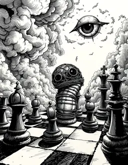 nightmarish surreal chessboard floating in a storm‑filled sky, with gothic fantasy chess pieces and a hauntingly beautiful eye, rendered in high‑contrast black‑and‑white pen‑and‑ink style; alongside them, a gaunt human figure bound in tight, skin‑like flesh, its torso forming a cage‑like shell that trembles with each heartbeat, shadows whispering doubts around the figure; bright, sharp highlights blaze on the eye’s glossy polymer glaze while deep, intense shadows carve the jagged hand‑molded tiles and distorted pieces; storm clouds swirl with dense, crisp hatching, creating stark positive‑negative space, heavy cross‑hatching and matte clay texture evoke a vintage horror manga atmosphere.