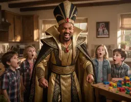 will smith portrayed as a playful dad in a cozy warrington kitchen, wearing an elaborate golden evil jafar costume with richly embossed robes, a tall embroidered headdress, and a flowing cape that shines with intricate metallic patterns. he stands in a close‑up, dramatic cinematic pose, his face twisted into a mischievous, menacing smile that hints at the classic villain’s swagger, while his eyes sparkle with theatrical humor. surrounding him are his startled children, their faces lit by a mix of awe and gentle fear, eyes wide and mouths slightly open as they react to the larger‑than‑life jafar figure. the small house interior is warmly lit, with rustic wooden furnishings, soft shadows, and subtle background details such as a family photo on the wall and a tabletop filled with scattered toys, emphasizing the homely setting. the scene captures a vivid, action‑movie style atmosphere with dynamic lighting, rich color contrast, and a sense of playful suspense as the dad prepares to surprise his kids in his elaborate villainous attire.