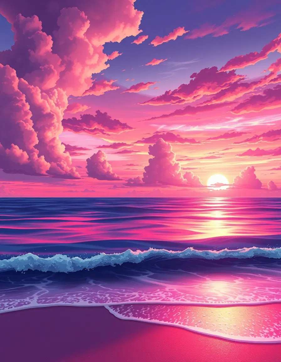Vibrant anime illustration of a breathtaking ocean sunset (or sunrise), viewed from the shoreline. The sky is dominated by intense pink, purple, and orange hues, with dramatic, soft, cinematic clouds painted across the whole frame. The ocean water is a deep, rich blue/purple with gentle, rolling waves and bright, luminous reflections of the colorful sky on the water's surface and the wet sand. Ultra-detailed, highly expressive lighting, Makoto Shinkai style, fantasy landscape, 4K, smooth digital art, volumetric lighting.