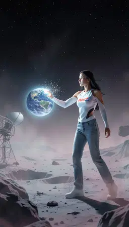 woman with dark hair in a white nasa t‑shirt and jeans stands on the moon, holding a glowing earth in her right hand as lunar craters and rocks drift in the foreground; a metallic satellite antenna peeks from the far left, and a deep black, star‑filled sky stretches behind. soft, dreamlike atmospheric haze envelopes the scene, brushed in muted pale blues, dusty mauves, silvery grays, and rose‑tinged flesh tones, dissolving forms into flowing ornamental silhouettes. cyrana, positioned to the right and mid‑stride, reaches forward with her left hand and gently taps the glowing earth, causing a soft sparkle to burst around it, her gaze turned toward the horizon as the moon’s cold illumination mingles with the misty ambience.