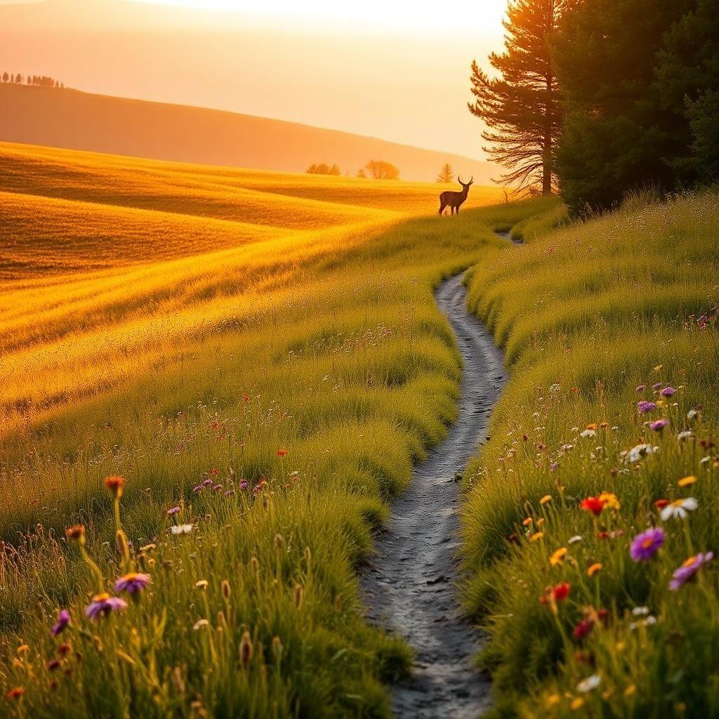 A tranquil meadow bathed in the golden glow of late afternoon light. Wildflowers of every color sway in the gentle breeze, and a narrow dirt path winds through the rolling hills. A lone deer stands at the edge of the trees, its ears twitching as it watches the horizon. The scene is peaceful, a perfect moment frozen in time, capturing the raw beauty of nature’s untouched splendor.
