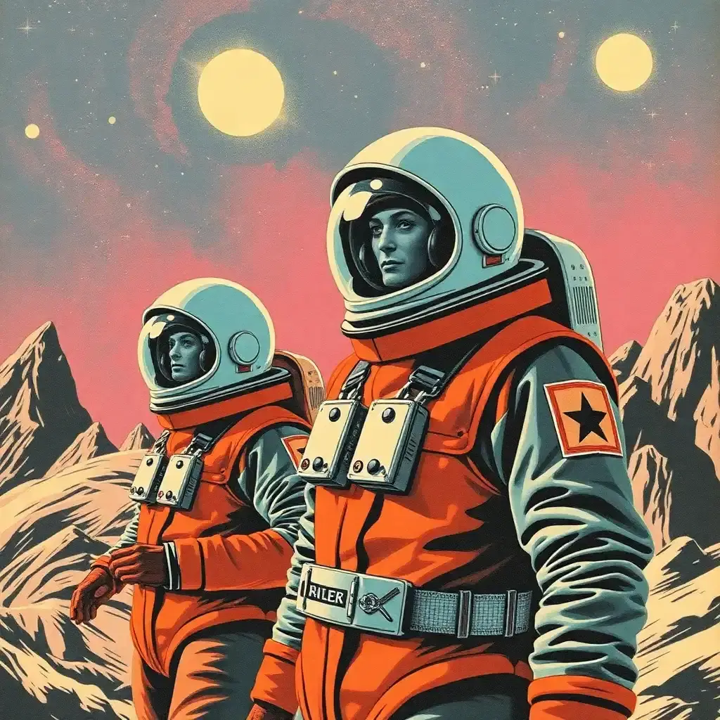Craft a retro-futuristic collage where the vintage aesthetic meets the limitless cosmos. Picture human figures drawn in pop art style, clad in retro space suits, their actions frozen like pages in a comic book coming to life, evoking a sense of nostalgia for a future that might have been.