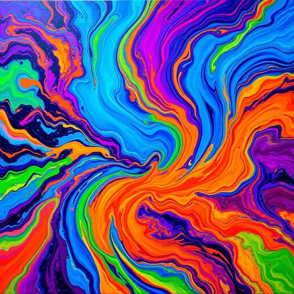 A mesmerizing explosion of swirling colors and bold textures, creating a hypnotic dance of motion and chaos. Vivid blues and fiery oranges crash against each other like waves, while streaks of neon green and deep violet seem to twist and dissolve into the canvas. The paint appears to be in motion, as though the entire piece is breathing and shifting with each passing second. Shapes emerge and fade—a fleeting glimpse of a human face, the suggestion of a distant cityscape, a swirl that resembles a cosmic galaxy—before blending seamlessly back into the abstract form.