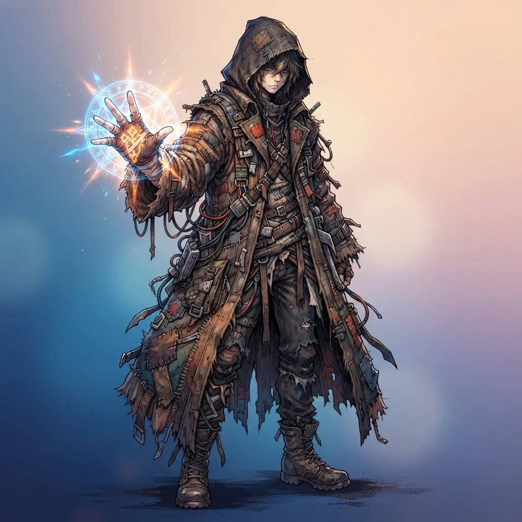 original character: a hooded figure in a long coat made of woven scrap fabric, glowing sigil on the palm, gritty urban trash-punk anime illustration, clean soft gradient studio background, vibrant, crisp high detail, digital illustration