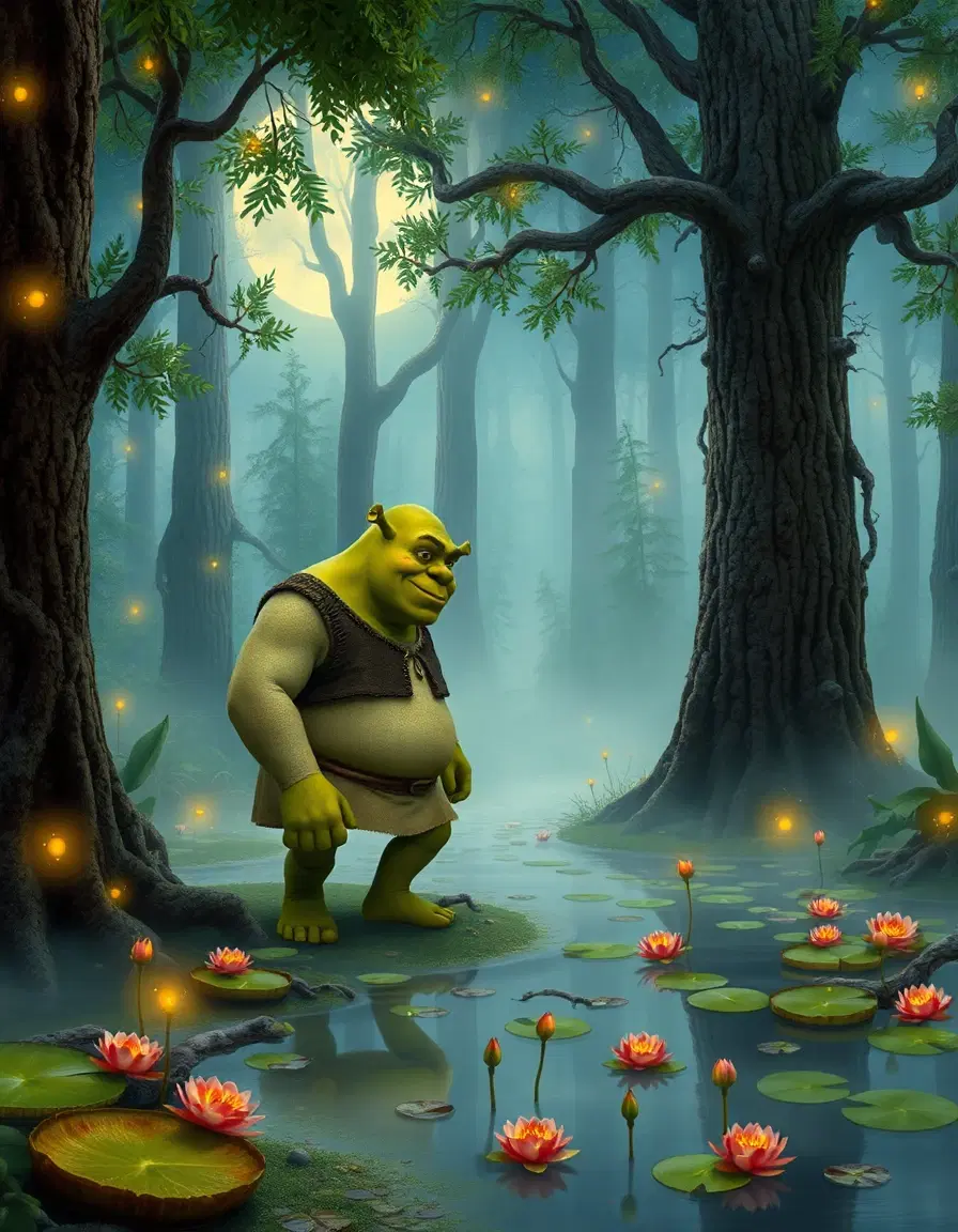 "immerse me in a fantastical swampland, where the ogre from a beloved fairy tale storybook strolls through a misty forest, with a whimsical landscape reminiscent of a beatrix potter illustration, featuring shrek surrounded by fluttering fireflies, vibrant lily pads, and towering trees that seem to dance in the moonlight."