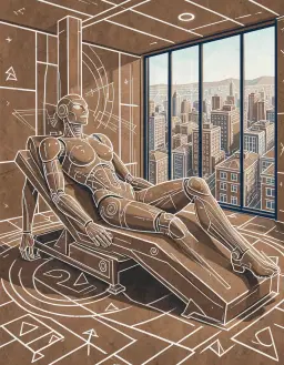 colossal sand sculpture of an anatomized cyborg female reclining on a sleek chaise in a glass corporate laboratory overlooking a bustling city, warli tribal style with white geometric shapes on an earthy brown background, rhythmic circles, triangles and lines depicting the figure and surrounding architecture, minimalist outlines suggesting angular machine forms and motion trails, subtle deep‑blue accents within the brown palette.
