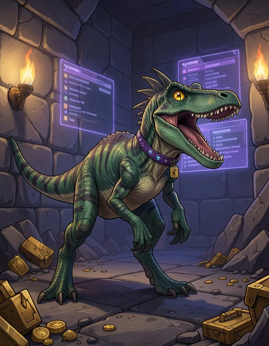 Mongo from Dungeon Crawler Carl, Princess Donut's pet velociraptor: green-and-teal scaly raptor with feathered forearms, sickle claws and a jeweled purple collar, screeching in a torchlit dungeon full of loot, faint purple System glow from floating menu screens. Detailed digital illustration.