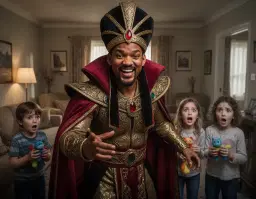 will smith as a father in a modest warrington house, wearing an elaborate golden evil jafar costume with richly detailed turban, flowing crimson cape, ornate jeweled armor, and an exaggerated sly smile reminiscent of the classic villain, striking a dramatic pose in a close‑up interior scene; the lighting is cinematic and high‑contrast, emphasizing his exaggerated expression and the glittering fabric, while his children stand nearby, eyes wide with startled fear, their small hands clutching toys, the cozy living‑room background filled with simple furniture and soft shadows, all captured in a vivid, action‑movie style composition.
