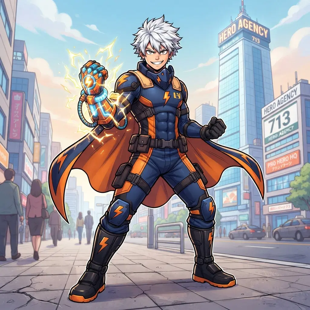 male teen hero student, full body, hero costume in navy and orange with a lightning themed gauntlet gadget on one arm, spiky white hair, determined grin, bold shonen anime line art, city street with a tall hero agency building behind him