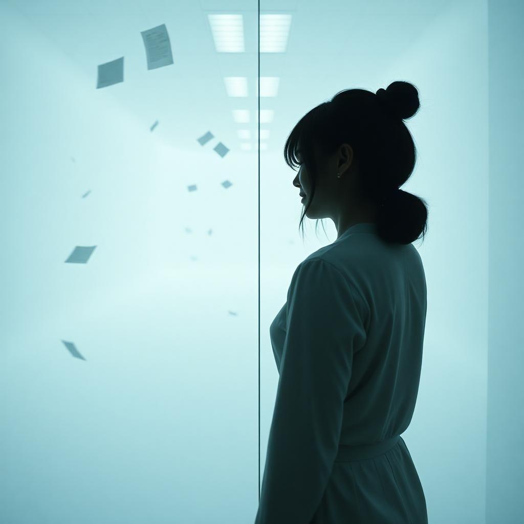 A surreal, dreamlike moment from Severance Season 2, depicting Helly trapped in a looping memory. She stands in the Lumon break room, staring at an identical version of herself on the other side of the glass. The reflection suddenly smiles… but she doesn’t. The walls start to shift, and the break room transforms into a vast, endless white void, filled with floating files and cryptic symbols. The unsettling, psychological tone of the scene hints at deeper mind-bending mysteries waiting to be uncovered.