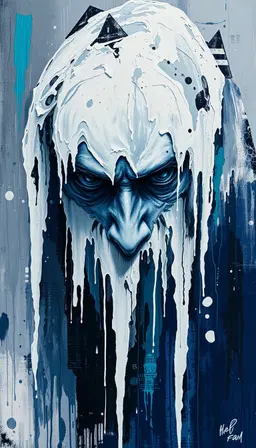a creative cinematic subject in a grand‑manner dramatic film‑still, icy blue, frosted white, steel gray, deep navy with cool lavender and silvery teal accents, transavantgarde style, raw expressionistic brushwork, mythic imagery, thick impasto, visible drips, scumbled texture, dynamic loosely structured composition, primal simplified figures, dramatic chiaroscuro, glowing fluorescent accents, layered collage of surreal vintage cut‑outs and sleek digital forms, art‑nouveau ornamental lines, calligraphic ink gestures, icy blue, frosted white, steel gray, deep navy, cool lavender, silvery teal accents.