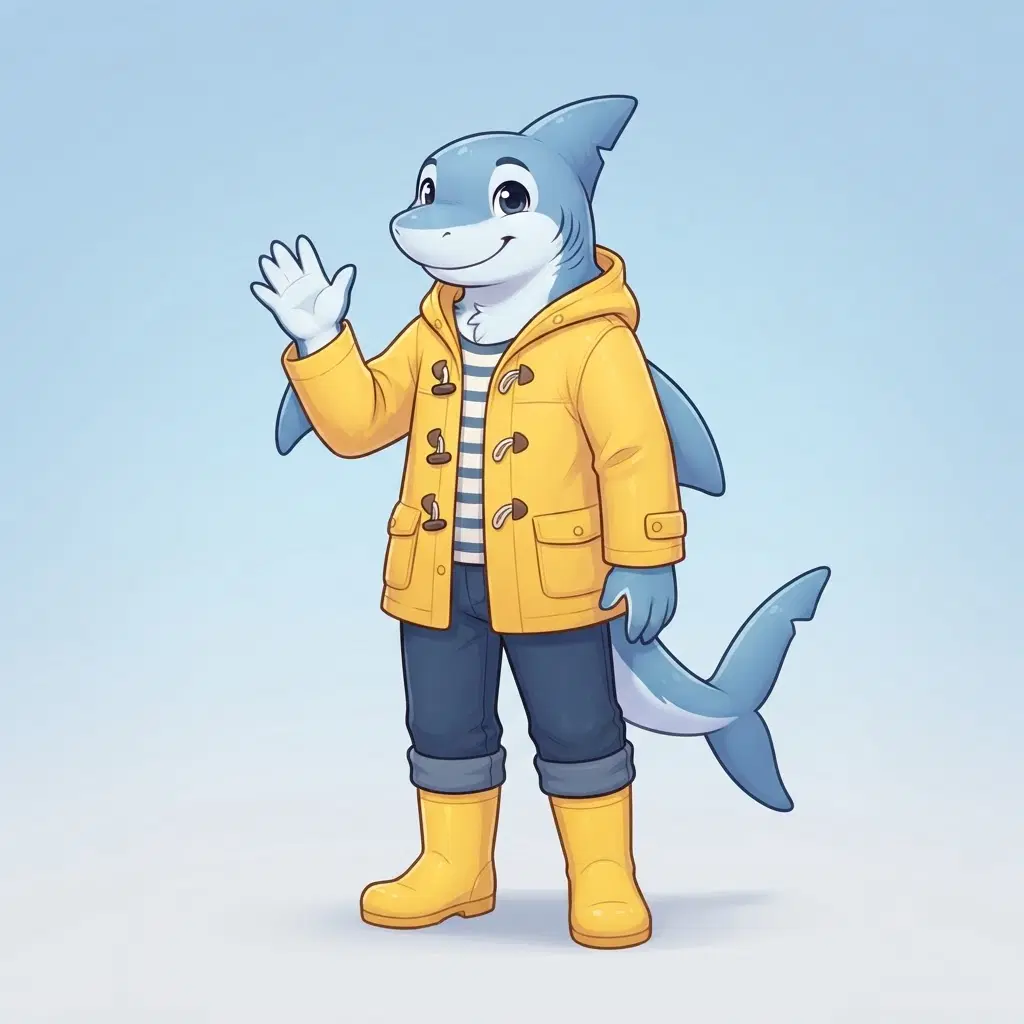 anthro great white shark fursona character, soft blue and white, wearing a yellow raincoat and boots, cheerful wave, full body, cute cartoon furry art style, clean soft gradient studio background, vibrant, crisp high detail, digital illustration