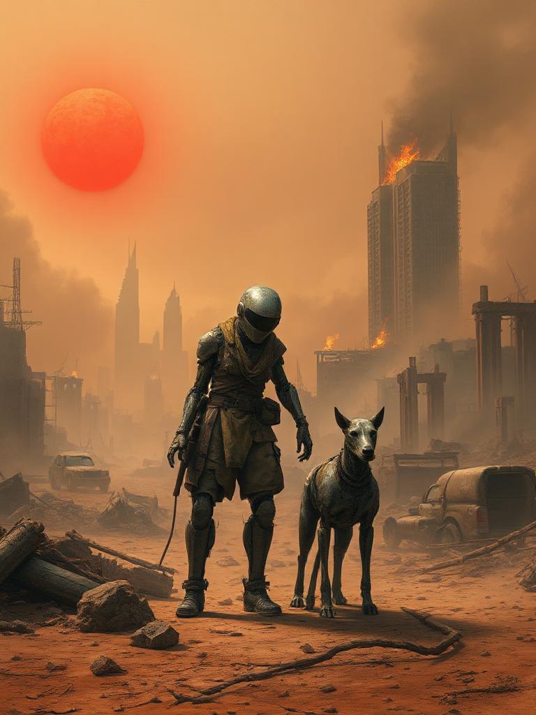 Title: "Apocalyptic Frontier"

Prompt: An apocalyptic and desolate landscape featuring a dusty robotic asteroid cowboy with a robotic dog. The scene is set in a world of ruin and survival, where everything is cracked and dry. The cowboy and his dog are adorned in tattered rich browns, warm ochres, and deep forest greens, standing amidst the skeletal remains of buildings and rusted vehicles. A red, dust-choked sun casts a faint, eerie glow over the abandoned world. Thick clouds of ash obscure the sky, creating a gloomy atmosphere. The air is dry and filled with the metallic scent of rust. In the distance, fires smolder in collapsed skyscrapers, adding to the loneliness of this deserted land. Despite the desolation, the robot cowboy and his loyal canine companion embody a fragile hope, set against the earthy muted terracottas of a forgotten civilization. The scene captures the quiet resilience in a world waiting for new beginnings.