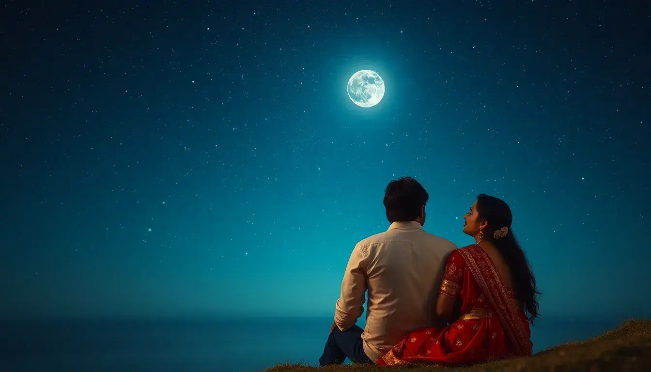 Romantic Tamil couple sitting together under a beautiful starry night sky, dreamy romantic atmosphere, soft moonlight, emotional love story, cinematic lighting, ultra realistic, high detail, vertical 9:16
