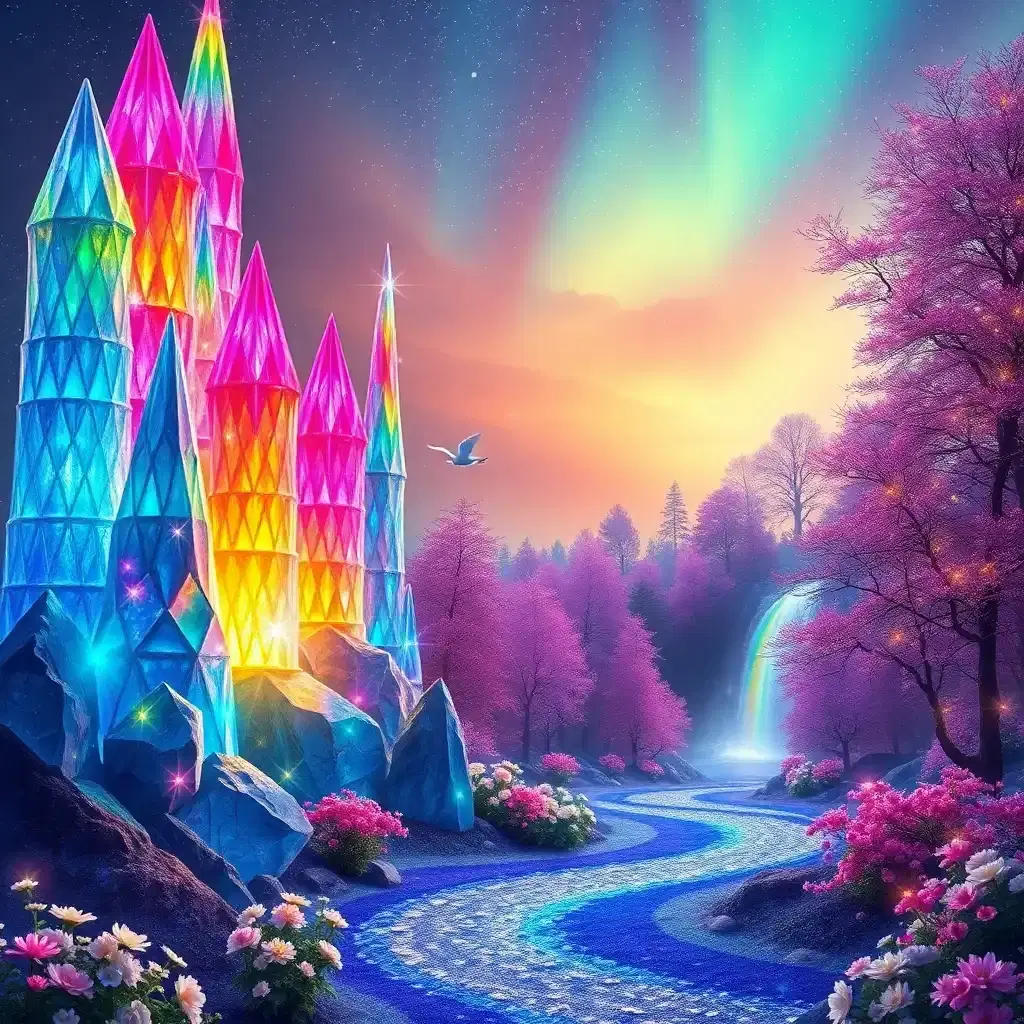 'a kaleidoscope of crystal turrets erupt from the ground, each one a dazzling mesh of diamond-encrusted rainbow facets - molten lavenders, blazing fuchsia, sparkling emerald, and sterling silver blues. electric fairy sparks dance across the sky as vibrant aurora mist swells through the valleys, casting a kaleidoscope of iridescent shadows on the glittering ground. a ribbon of liquid sapphire flows through a lush, pastel-hued glade of fibre-optic trees, their delicate lights reflecting a shattered prism of colours. 

birds with feathers that shimmer like stardust, their silhouettes delicately etched against the rainbow wonder of the sky. delicate fairy lights weave through the trees, their soft glow illuminating the delicate petals of flowers that bloom in every hue - radiant coral, sapphire, amethyst, and the sweet fragrance of moonflowers wafts through the air. in the distance, a rainbow waterfall cascades like a glittering crystal chandelier, its voice a gentle whisper that echoes through the enchanted land of wonder.'