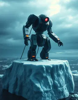 massive iron robot on a huge iceberg in the north atlantic sea, hyper‑alert mood, razor‑defined edges and excessively crisp textures, high‑contrast lighting with stark highlights, intensified true colors, electrically charged atmosphere, vigilant and overstimulated perception.