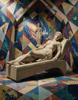 colossal sand sculpture of the venus de milo reclining on a sleek chaise with a single cosmic goddess, low‑angle worm’s‑eye view, geometric symmetrical backdrop, postmodern painting style with layered visual languages, juxtaposing photorealist detail and gestural abstraction, eclectic inconsistent palette, mixed surface treatment from smooth passages to heavy impasto, collage elements and trompe‑l’oeil, bold graphic structure, mosaic‑like texture, deep shadows and concentrated pools of light.