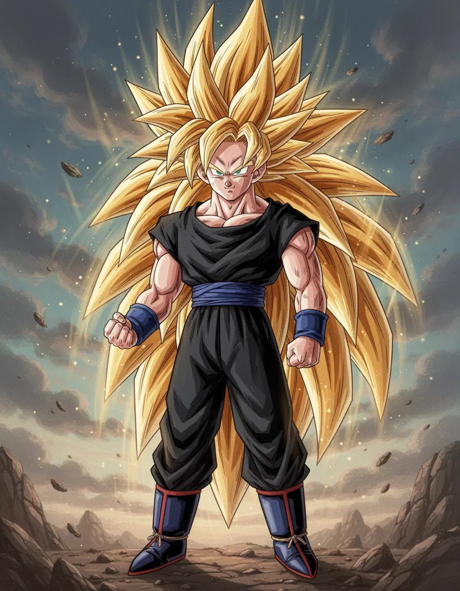 Dragon ball art style, long spiky haired Saiyan, wearing black Saiyan battle suit