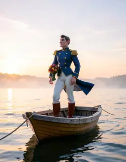 Captain Rose stands on a small wooden boat, her pose confident as she gazes toward the horizon. The boat drifts on calm water under a soft sunrise, light reflecting off the gentle waves. She is dressed in a sleek, minimalist design outfit that blends nautical elements with modern lines, the fabric fluttering slightly in the morning breeze. The scene captures the serene atmosphere, with pastel sky colors and subtle mist, emphasizing her presence as the sole figure in the frame.