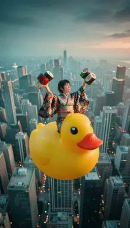 akira, in a lavish patterned kimono and matching obi, tiny atop a gigantic rubber duck while juggling oversized sushi rolls and reaching upward, captured in an extreme wide establishing shot with a 14‑20mm lens perspective that dwarfs the figure within a monumental cityscape, atmospheric perspective and layered depth planes emphasizing the overwhelming scale of the environment; whimsical fantasy style, soft cinematic lighting, shallow depth of field, cool teal and red palette.