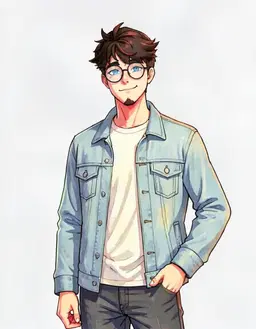 VTuber character portrait of male, a cosy gamer in an oversized hoodie with big headphones, fully clothed, Darker, clear blue eyes, a fair complexion, round glasses, Casual, clean anime VTuber model art, cel-shaded 2D illustration, crisp lineart, vivid colours, soft rim lighting, head and shoulders, facing forward, plain flat white background