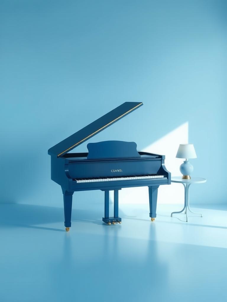 Here's a modified version of the prompt, keeping the piano as the subject and applying the 'Colors' aesthetic with a monochromatic color palette:

"Imagine a grand piano standing alone in a quiet, monochromatic space, surrounded by different shades of blue. The piano's body is a deep, navy blue with a smooth, glossy finish. The walls and floor around it gradually change from a pale sky blue to a soft, baby blue, creating a sense of depth. A small, powder blue lamp on a nearby table sends a gentle, warm glow across the piano's keys, making them look inviting to play. The overall feeling is peaceful and calming, like a still lake on a sunny day. The different blues work together to create a sense of harmony, making the viewer feel calm and reflective."

This version keeps the focus on the piano and uses simple language to describe the monochromatic blue color palette, with variations in shade and tint to create depth and visual harmony. The addition of the lamp's warm glow and the smooth finish of the piano adds a touch of sensuality, making the image more engaging and immersive. The overall atmosphere is serene and calming, perfect for a peaceful and contemplative visual experience.