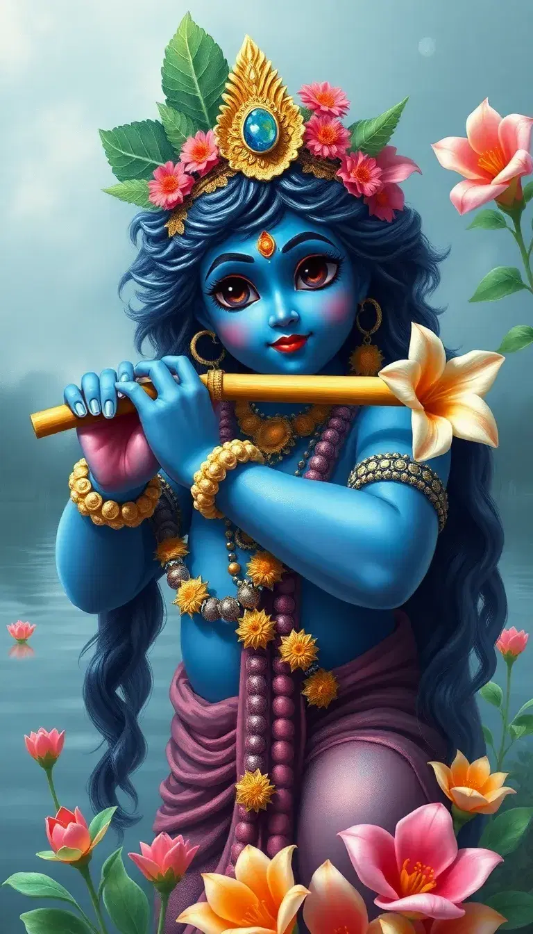 Adult Lord krishna navy blue body big eyes blowing flute on the riverbank flowerAdult Lord krishna navy blue body big eyes blowing flute on the riverbank flower