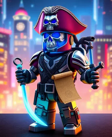 "body: roblox-style character with sleek, high-tech armor plating
head: tricorn hat with glowing blue circuits beneath the skull emblem
accessories: grappling hook instead of hook hand, treasure map scroll on back, futuristic sword with blue energy blade
style theme: space pirate / rogue explorer for a roblox character, with a neon-lit cityscape or galaxy background."