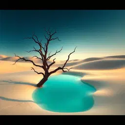 wide cinematic view of a dreamlike surrealist landscape with smooth undulating white‑beige sand hills under a deep blue sky, centered turquoise pool reflecting soft light, gnarled dead tree branches silhouetted, low angle shot with rim lighting, atmospheric haze, muted teal‑orange color grade, warm gold mood, shallow depth of field, cinematic framing.