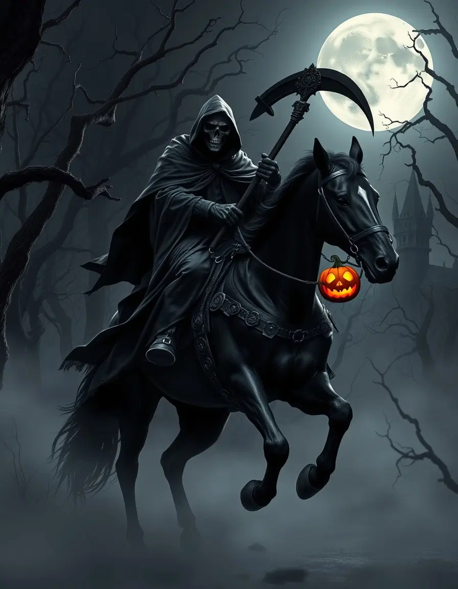 A highly detailed and dramatic image of the Grim Reaper, cloaked in flowing black robes with a deep hood obscuring their face, riding a powerful, muscular black horse through a dense, eerie forest. The horse's tack is dark and ornate. The Grim Reaper holds a long, menacing scythe, and a glowing, carved jack-o'-lantern is suspended from the side of the saddle. The forest consists of gnarled, skeletal trees with twisted branches that reach towards a bright, full moon dominating the dark, misty sky. The ground is covered in a thick, ethereal fog, adding to the ominous atmosphere. In the background, hints of a gothic castle or haunted mansion are visible through the trees.